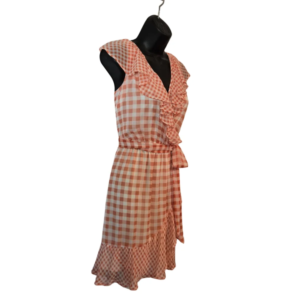 Gingham Ruffle Wrap Dress - Orange - Picture 3 of 8